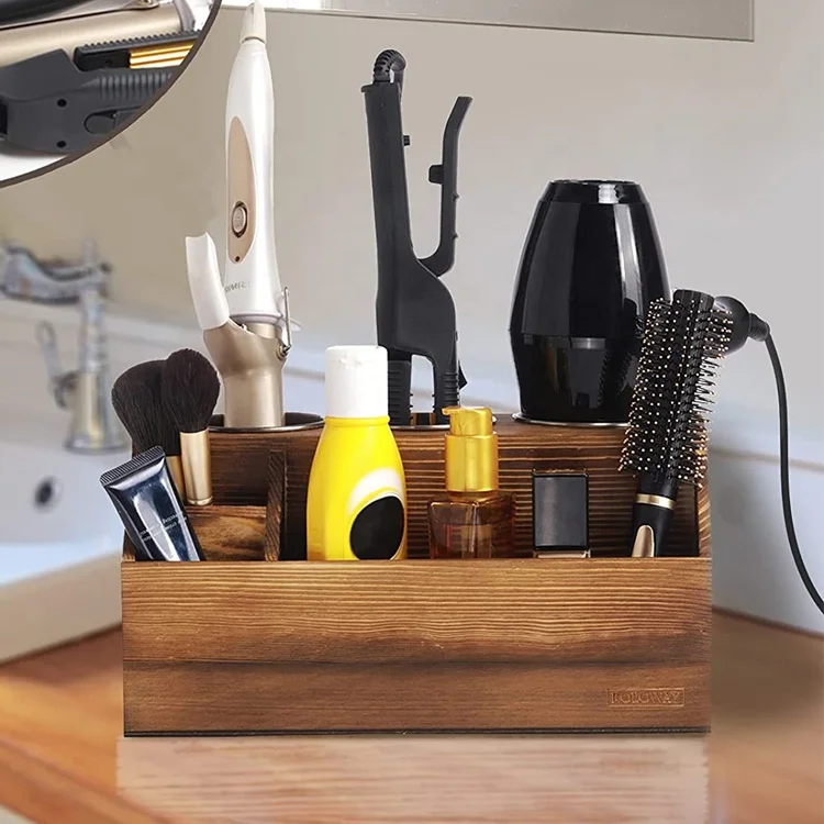 Bathroom Vanity Countertop Torched Brown Wooden Hair Tool Organizer