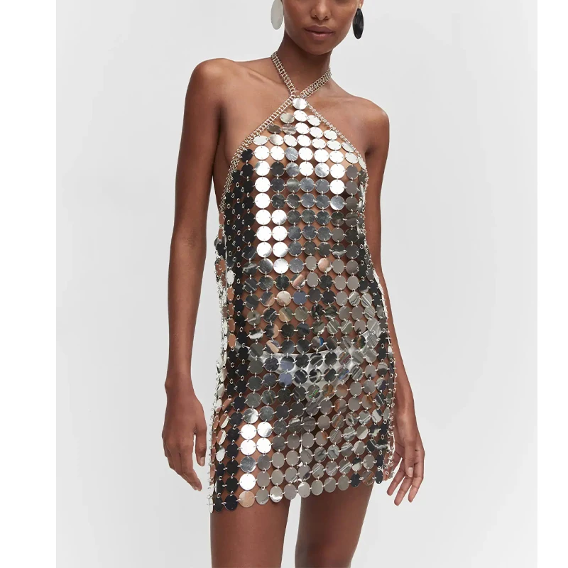 open lace back dress Lady Black Tie - Astra Mini Dress - Sequin Party Dress - Silver main image 0