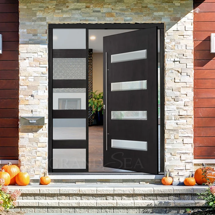 European Style Walnut Wood Frame Frosted Glass Soundproof Pivot Door for Office Building
