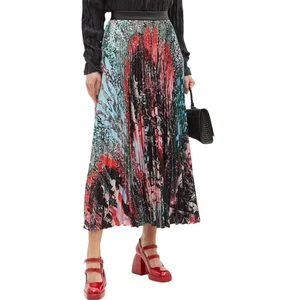 Fashion Custom Floral Pleated Skirt Elastic Waist Women's Elegant High Quality Chiffon Midi-Length Eco-Friendly All Seasons