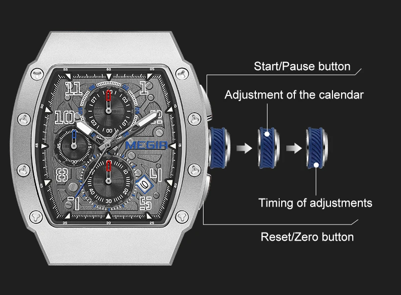 MEGIR 8411 Luxury Business Men's Quartz Wristwatch Fashion Blue Silicone Waterproof Luminous Pointer Dial Custom Watch