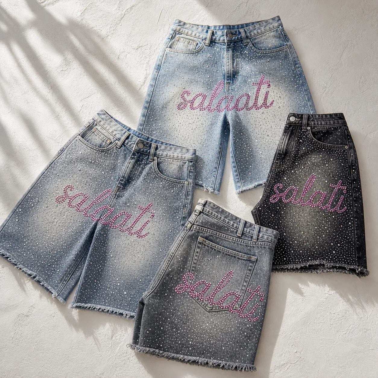 Custom Clothing Manufacturer's Men's Vintage Straight Jeans Retro Hem Rhinestone Summer Mid Waist Pickled Street Denim Shorts gallery 2
