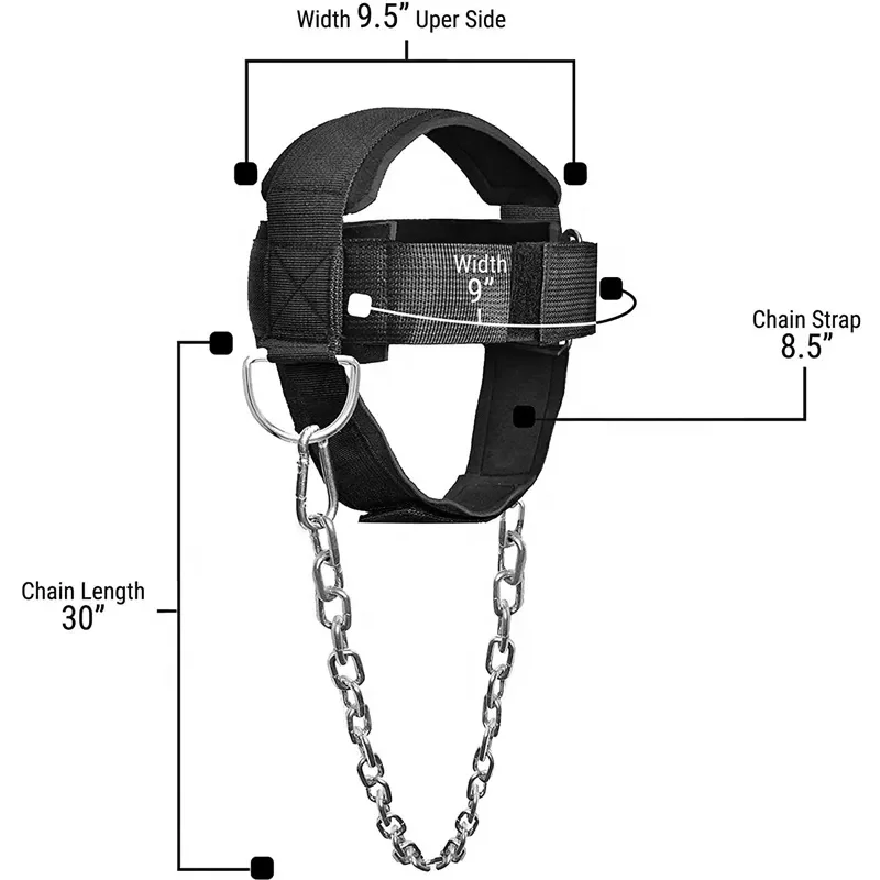 Harnais De Cou Pour Levage De Poids Réglable - Nylon Noir, Taille M (20-23 Pouces) - Avec Chaîne Et Boucle - Neuf