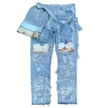 High Quality Custom Printing LogoFlare True Religion Stacked 100% Cotton Jeans Men Baggy Double Waisted Sweatpants
