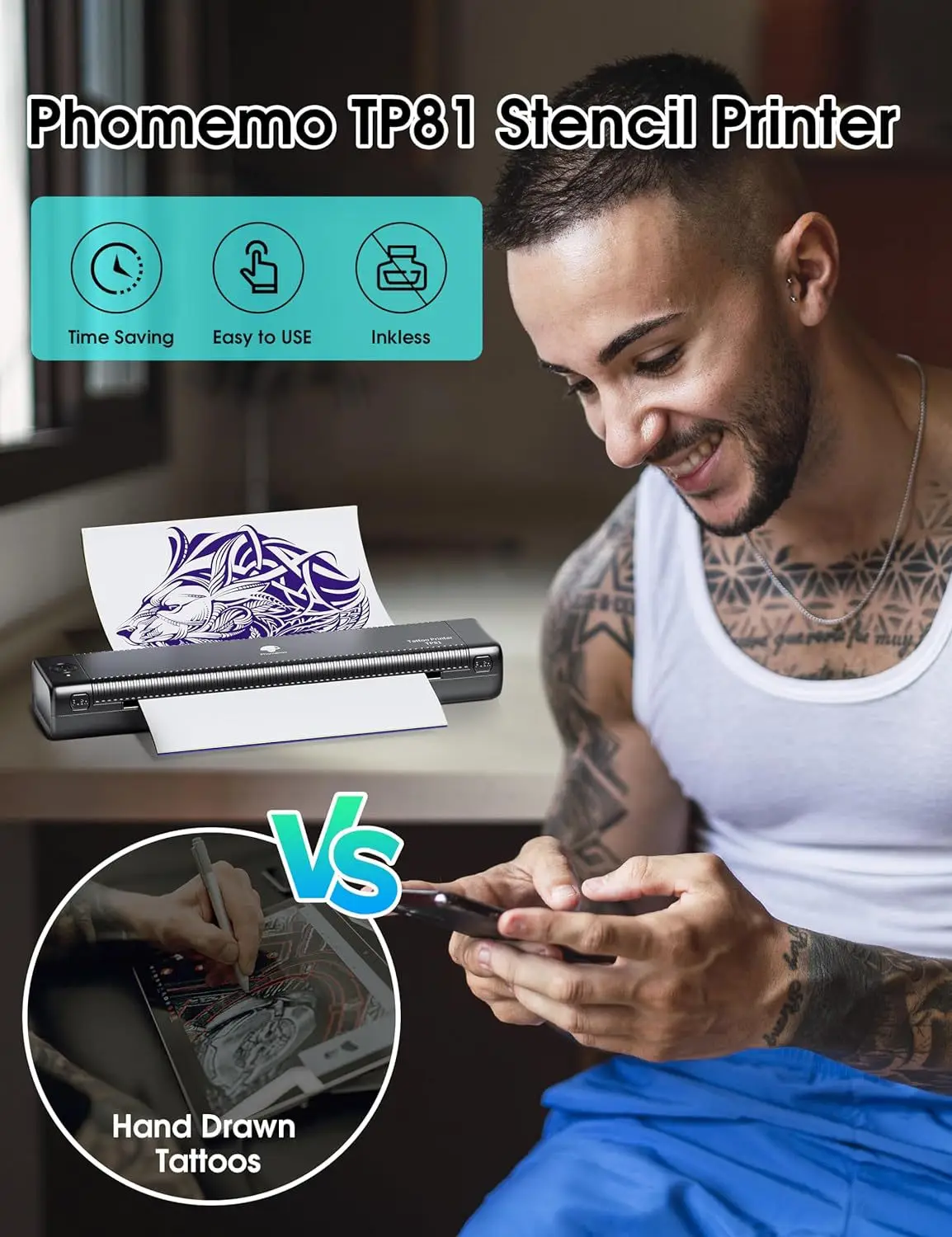 Phomemo TP81 Wireless Tattoo Template Printer Thermal Stencil Machine Portable Rechargeable Tattoo Transfer Stencil Printer