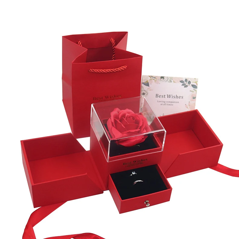 GR Red  Plastic Acrylic Jewelry Necklace Bracelet Drawer Box Preserved Rose  red Flower Wedding Boxes Valentine's Day gift