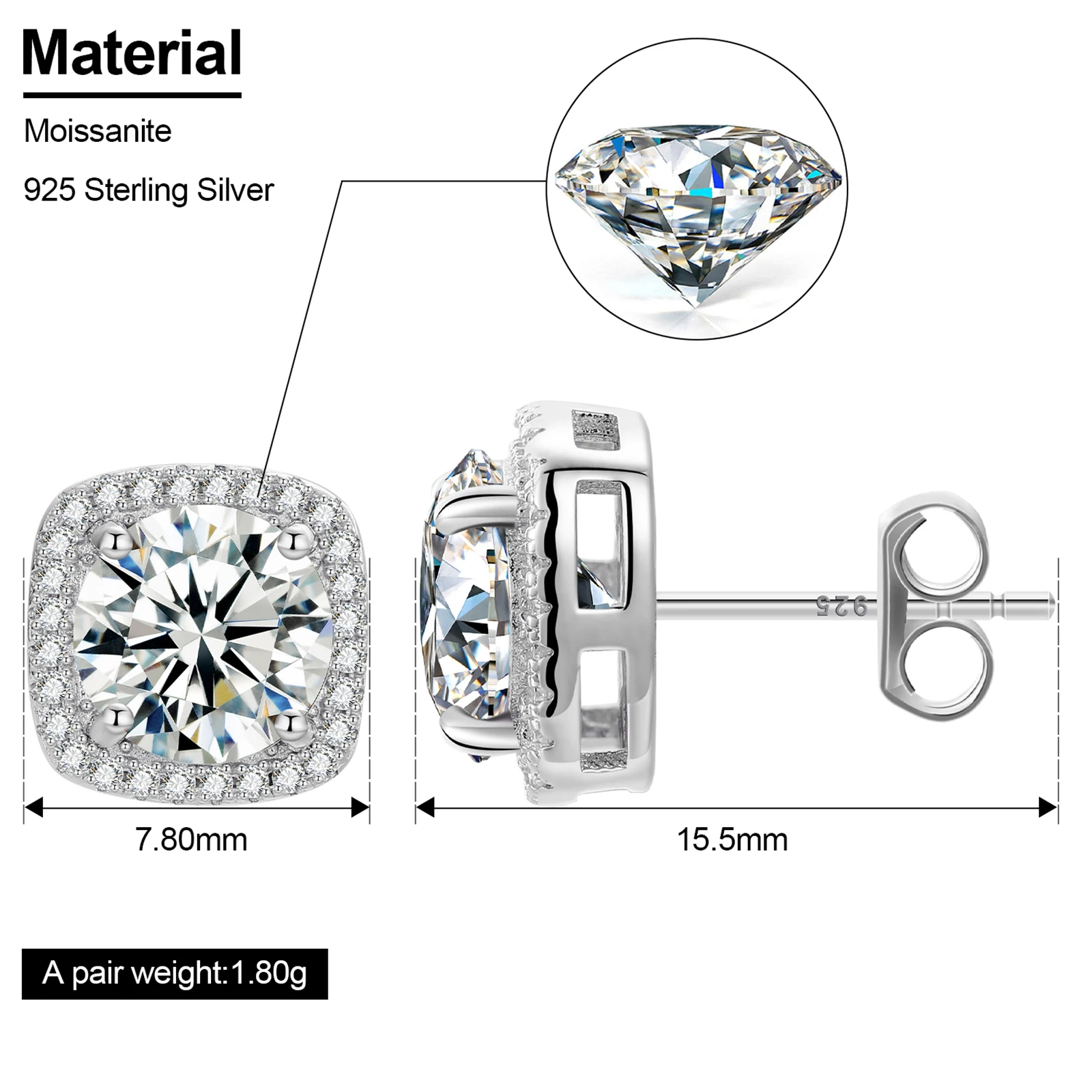 Pass Diamond Tester Moissanite Cube Halo Stud Earrings Luxury 18k White