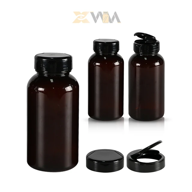 Customize 250CC PET material black dark amber round bottle with semi-flip top Food grade capsule bottles