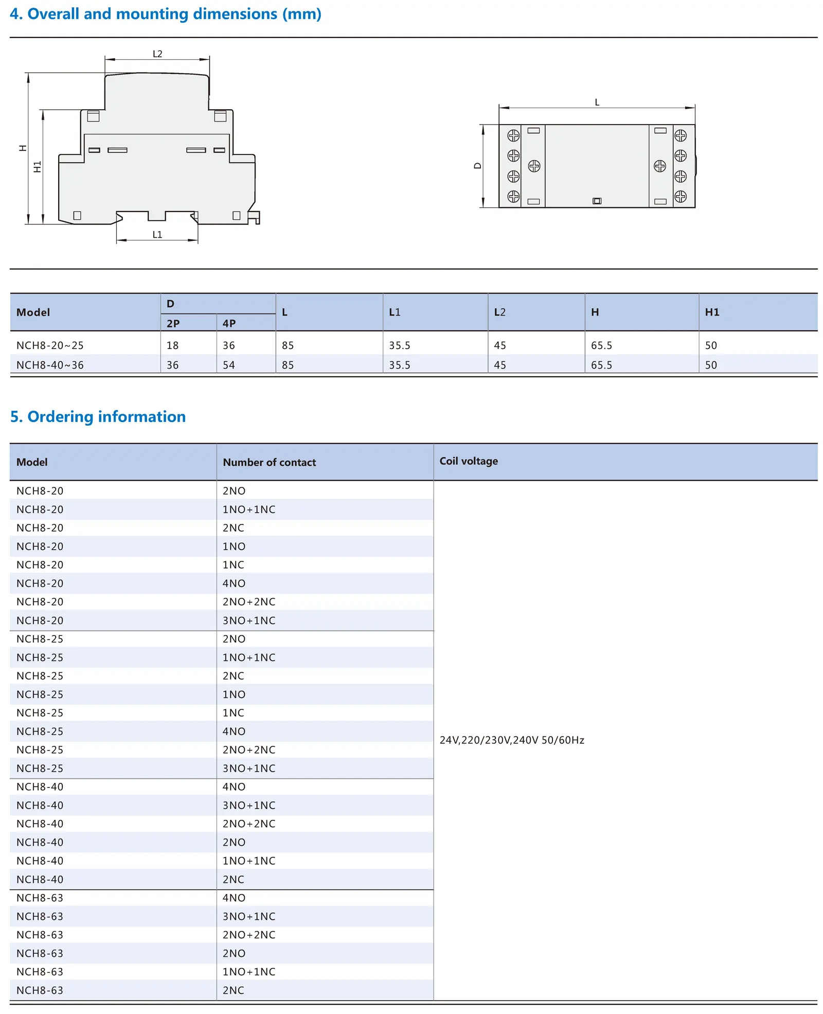 Chint NCH8 20A 25A 40A 63A NCH8-20/20 NCH8-20/11 NCH8-40/20 NCH8-40/40 NCH8-63/40 NCH8-63/22 CHNT Din rail Modular Contactor