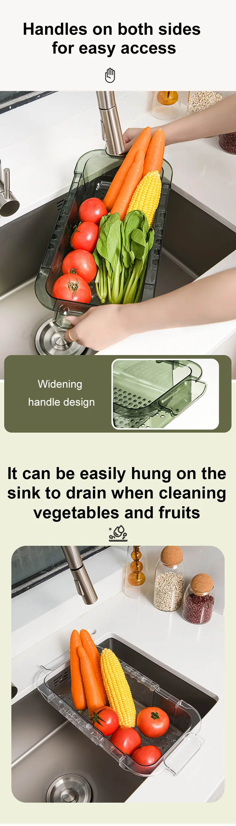 Telescopic Sink Colander Fruits Vegetables Drain Basket, Adjustable Strainer Sink Washing Basket for Kitchen
