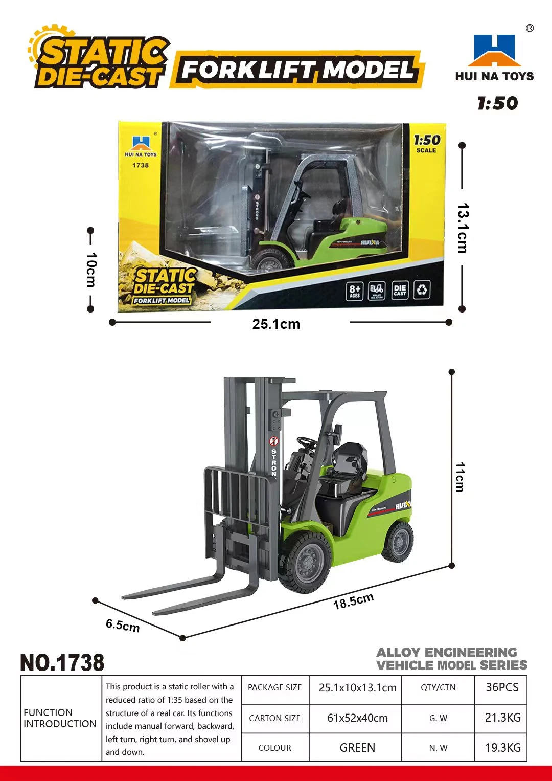 Huina 1738 1/50 Alloy Forklift Static Model Children Toy