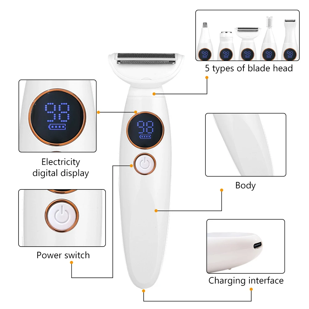 5 in 1 Waterproof Lady Epilator Painless Safe Electric Rechargeable Women Hair Removal Device French Language Household Use