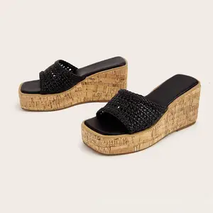 BUSY GIRL CXX319 Cool Black Woven Open Toe Wedge Slides Women's Beige Woven Platform Sandals Summer Beach Vacation Slippers Soft