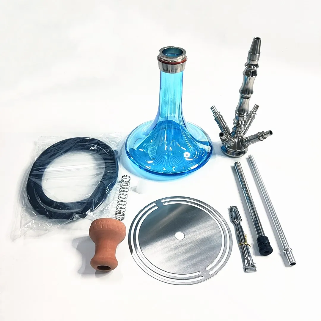 Ready to Ship Hookah Shisha  with 4 Hose 62CM Height Chicha Set of Click System with Handmade Hookah Blue Glass