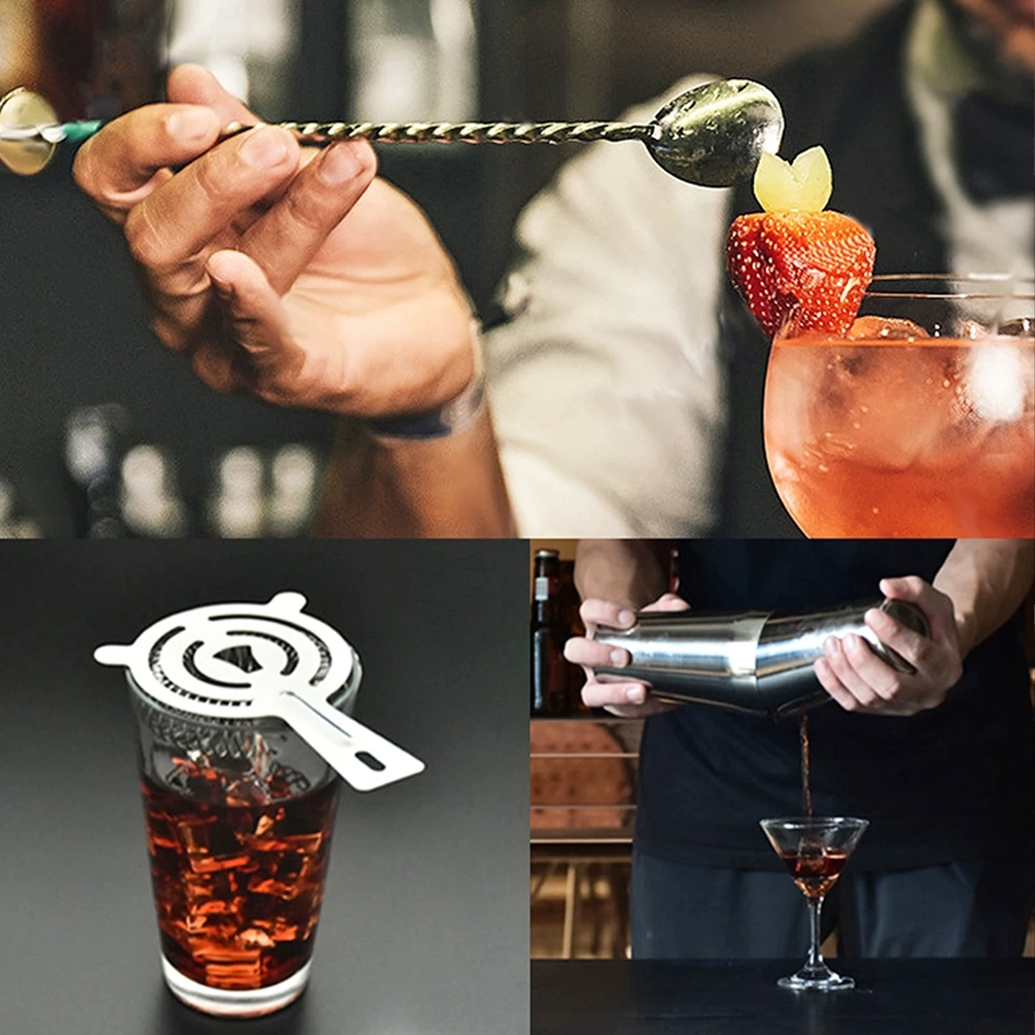 Cocktail Shaker Kit With Bamboo Stand Stainless Steel Mixer Kit For