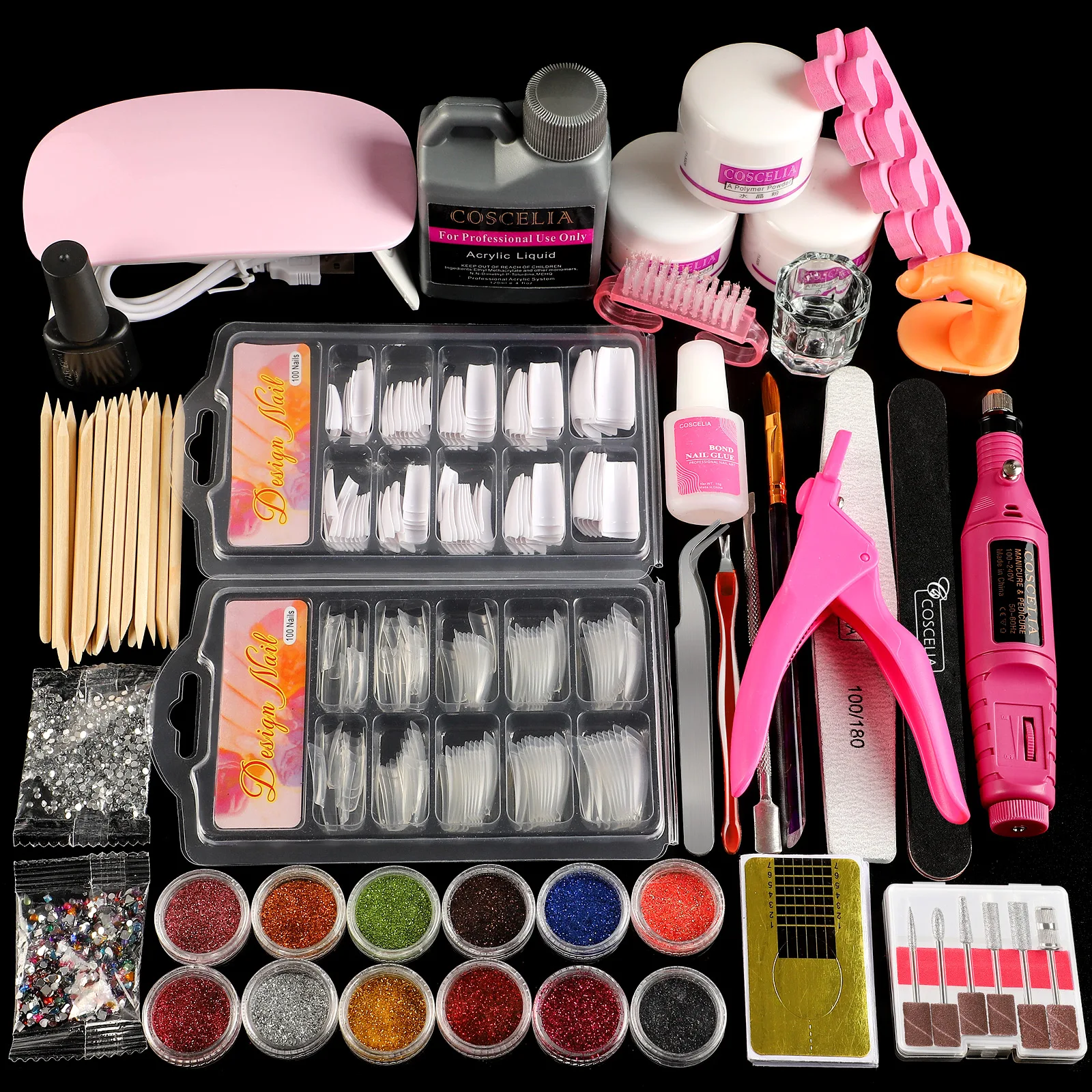 Acrylic Nail Kit with Drill and UV Light and Decoration Powders