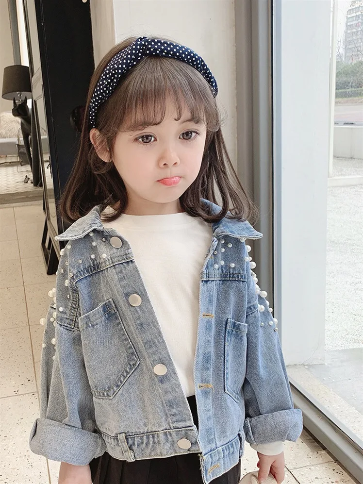 Spring New Arrival Infant Baby Girls Jeans Jacket Toddler Kids Denim Pearl Coat Long Sleeve Girl