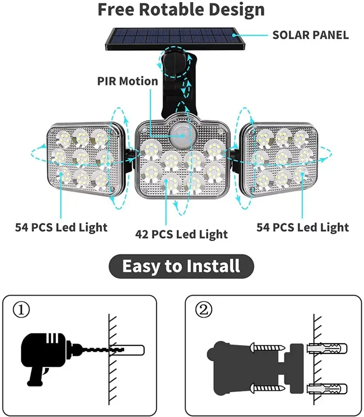 Solar ao ar livre 3 Cabeça Led SMD 138 Luz Inteligente Solar Jardim Luzes Ip65 Impermeável Solar Lâmpada De Parede
