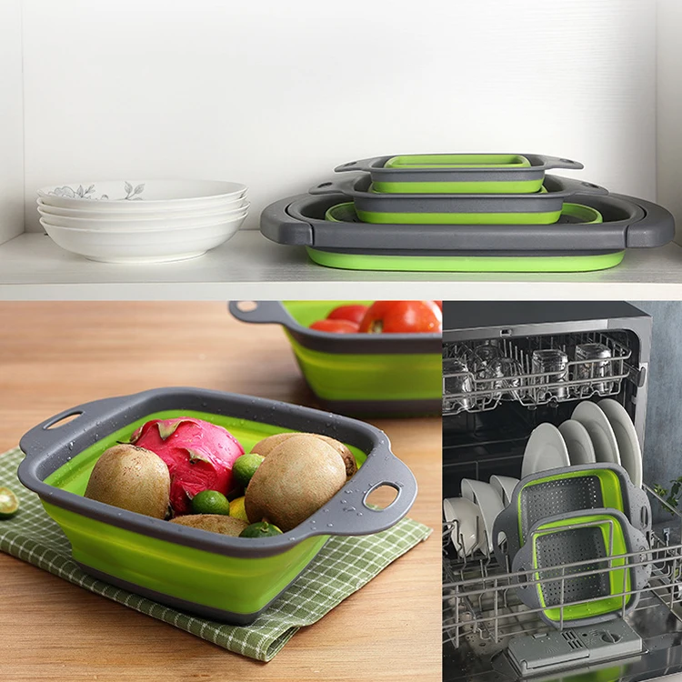 Basket 2pc Large Plastic Silicone Collapsable Rectangular and Strainer Colander