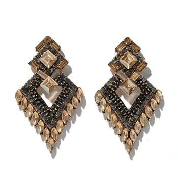 Temperament Female Black Champagne Crystal Earrings Elegant Double Square Pendant Earrings Fashion Statement Jewelry