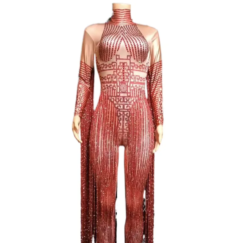 Red Rhinestones Long Tassel Playsuits for Club Parties