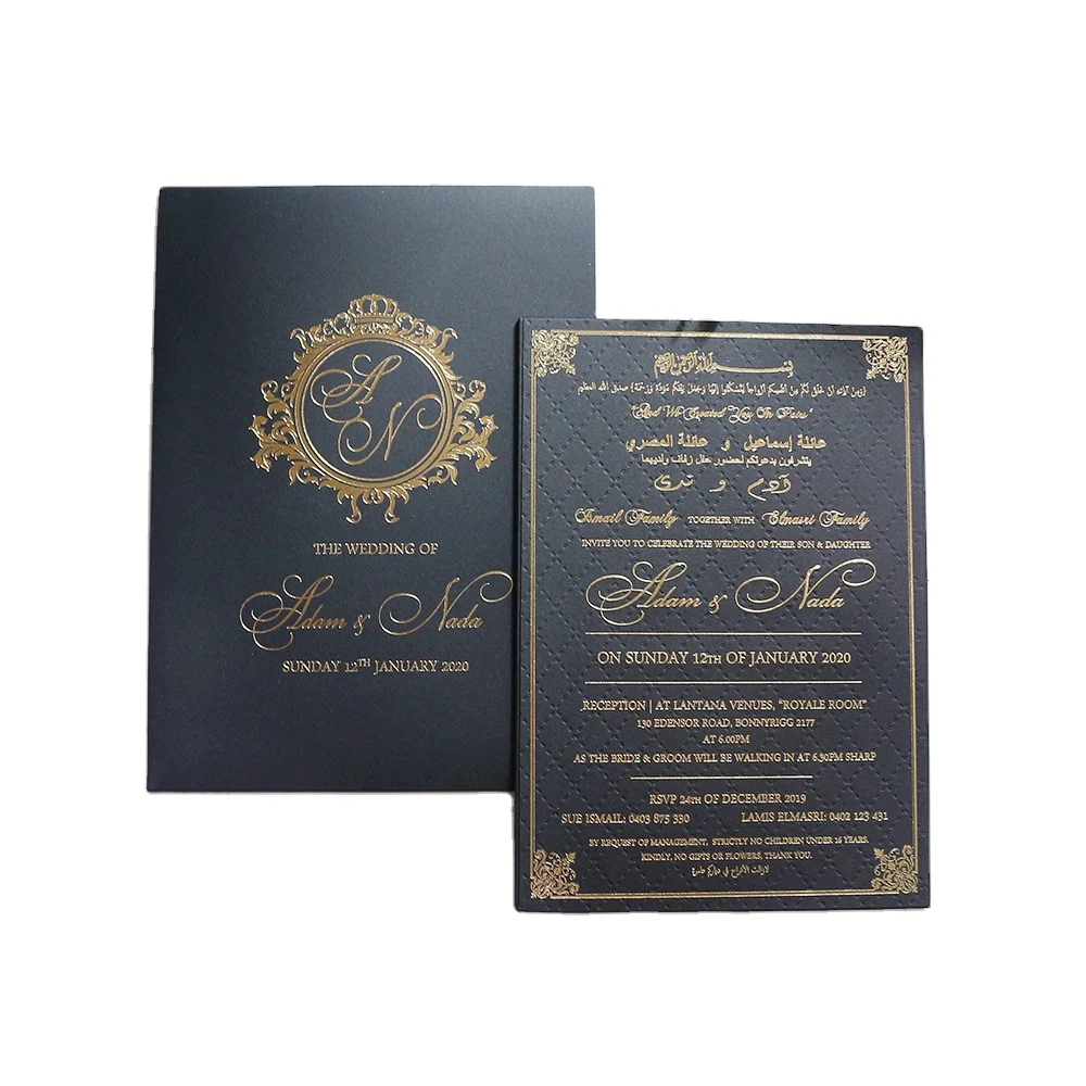 Chic Paper Board Invitation Pocket Style Black Wedding Invitation Card With Gold Foil and Envelope