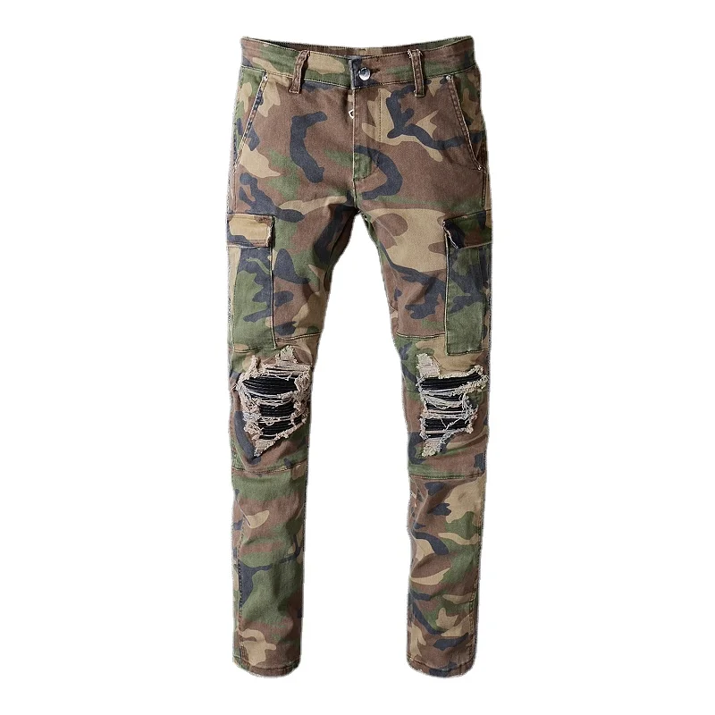 Wholesale Mens Camo Cargo Jeans Patched 