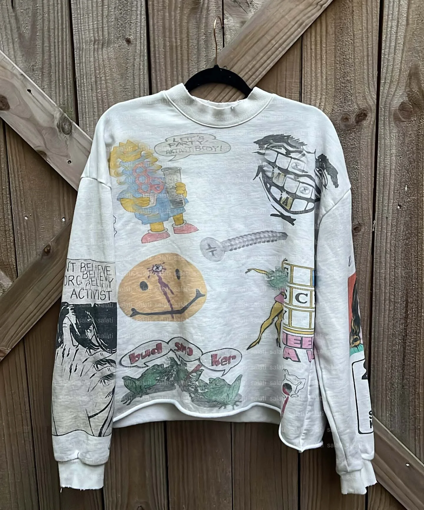 Salati Custom Cotton Raw Hem Dirty Acid Wash Effect Oversized Graphic Print Tee T-shirt Thermal Full Long Sleeve T Shirt for Men