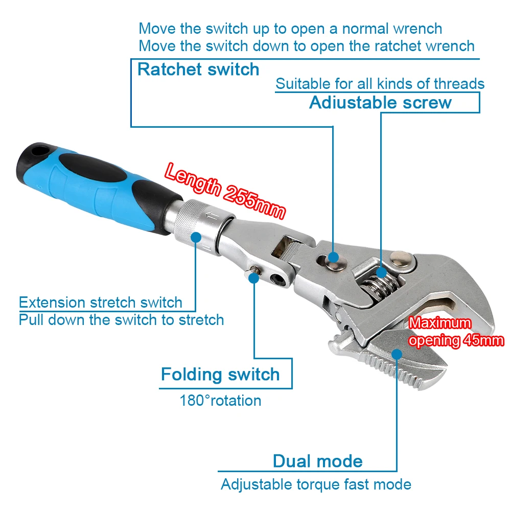 Flexible 10 Inches Chrome Vanadium Steel Metric Ratchet Wrench Handtools