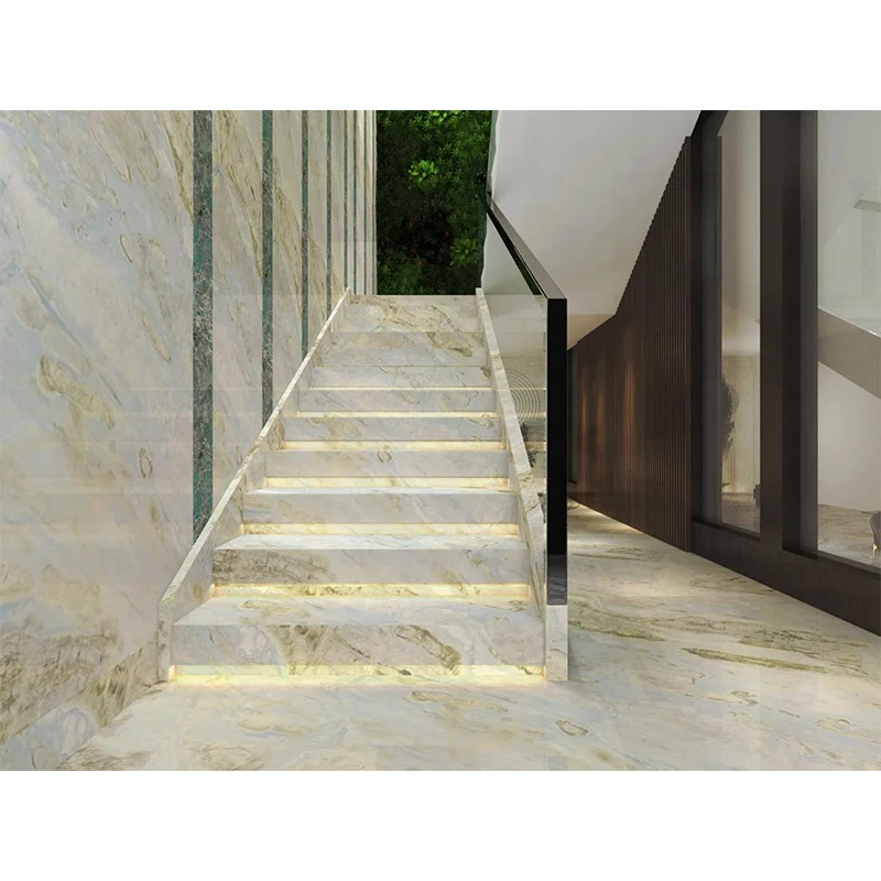 Lampu LED Tangga Ubin Apung Marmer Lipat Desain Grafis Modern Peti Kayu Fumigasi Dalam Ruangan Paia St 1/-1mm