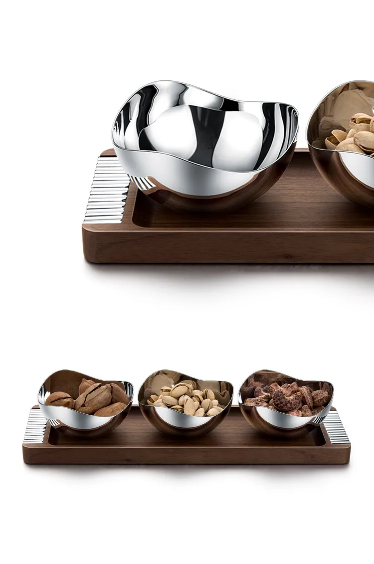 3 Pcs10cm Multipurpose Home Hotel Stainless Steel 304 Wooden Tray Dry Fruit Nut Serving Decorative Bowl Gift Set for Home Decor
