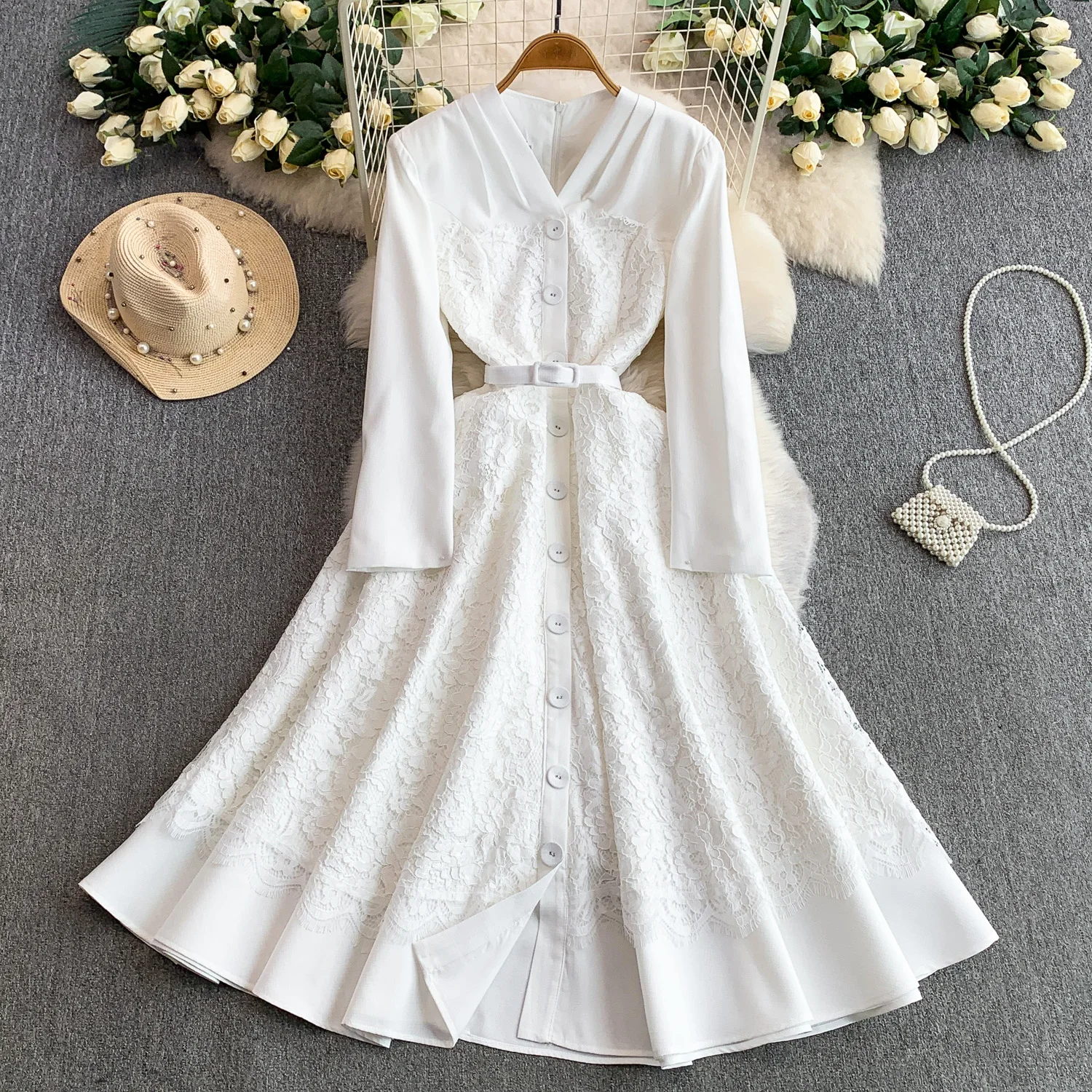 2025 Women's Dresses Chic V-Neck Long Sleeve Dress Women Unique Lace  Button-Down Flowy Gown Dresses Women Lady Elegant Wholesale