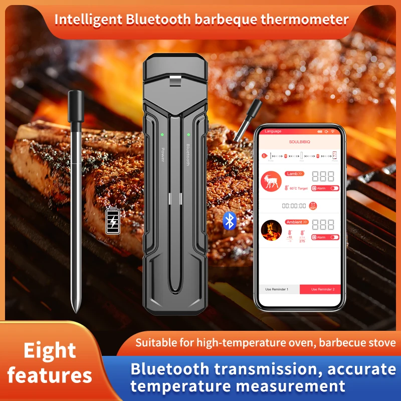 BBQ Meat Thermometer, Bluetooth Remote Thermometer, Wireless Digital  Cooking Thermometer with 6 Probe Port for Smoker Grilling O 