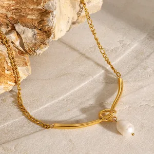 New Arrival Fashion 18k Gold Plated Stainless Steel V Shape Necklace Knot Pearl Necklace for Women