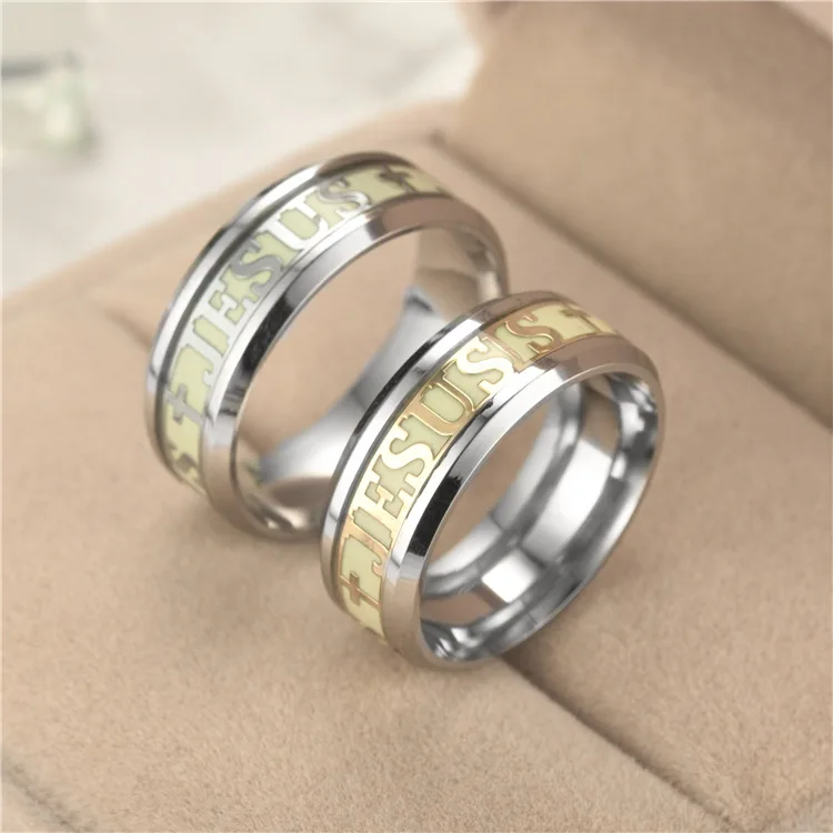 JAJAFOOK Men's 8mm Wide Glow In The Dark Stainless Steel Cross Ring - Luminous Jesus Band Ring (Sizes 6-13)