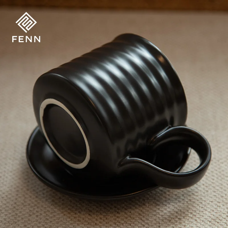 FENN Custom Logo 280ml Minimalist Matte Black Porcelain Coffee Teacup and Saucer Set Wholesale Ceramic Coffee Mug for Gifts