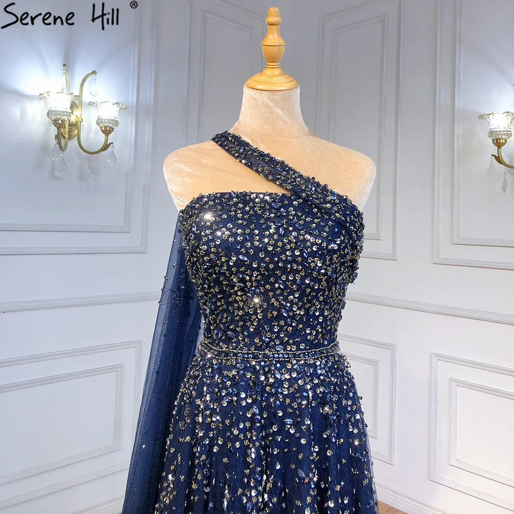 Navy Blue A-Line Beaded One-Shoulder Evening Dress for Ladies | Formal Party Gown Cape Sleeve | LA71432 Navy Blue A-Line Beaded One-Shoulder Evening Dress for Ladies | Formal Party Gown Cape Sleeve | LA71432
