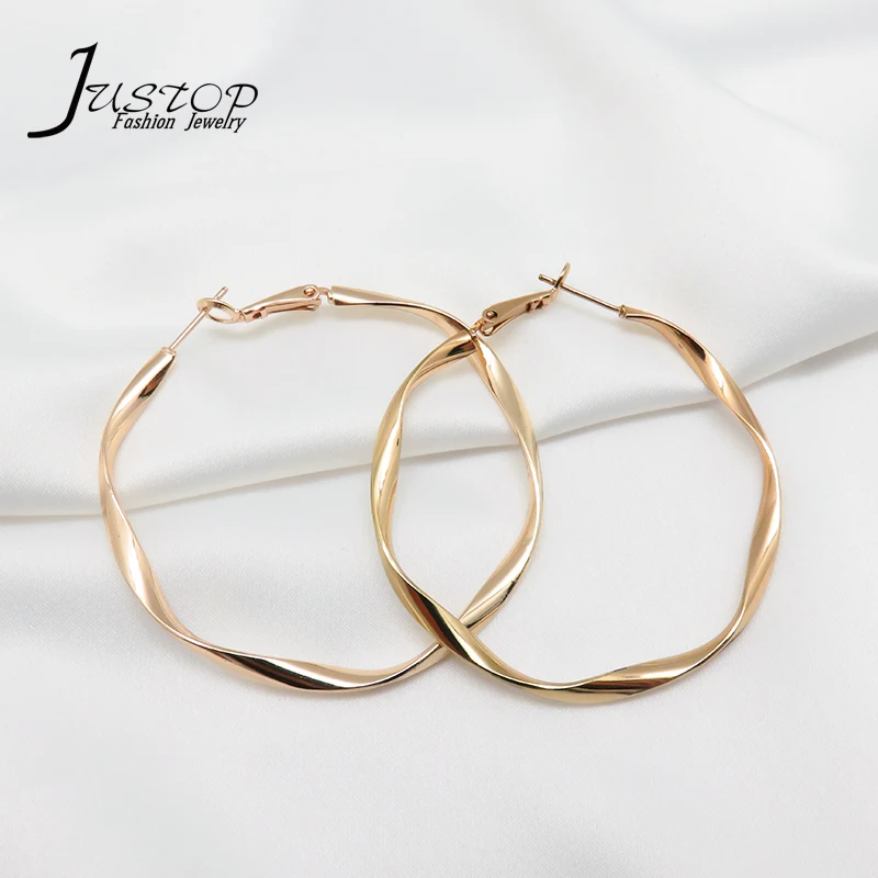 Fashion Jewelry Gold Plated 50mm Punk Style Twisted Hoop Earrings