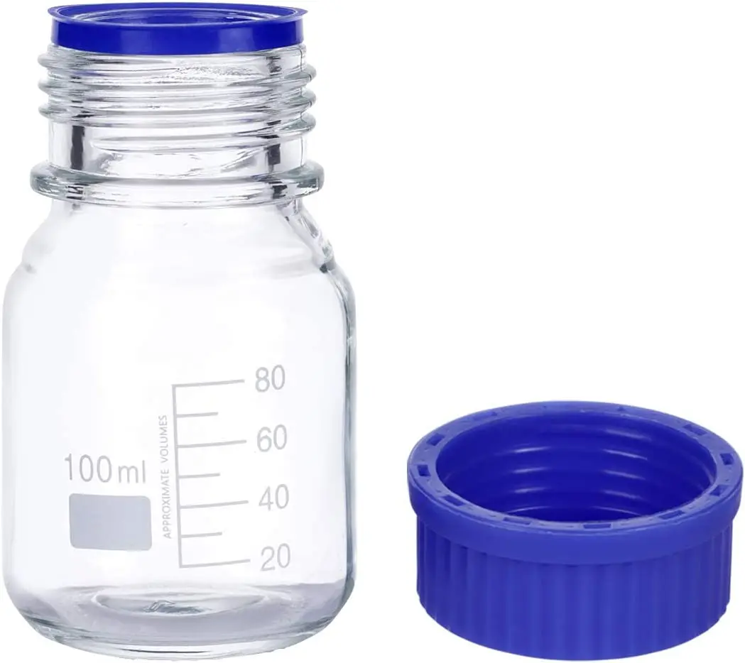 1000ml 目盛り耐熱ガラス瓶 青いキャップ 目盛り付き　10個セット 1000ml 円筒型 試薬瓶 青キャップ付 ガラス製 メディア瓶 保存容器