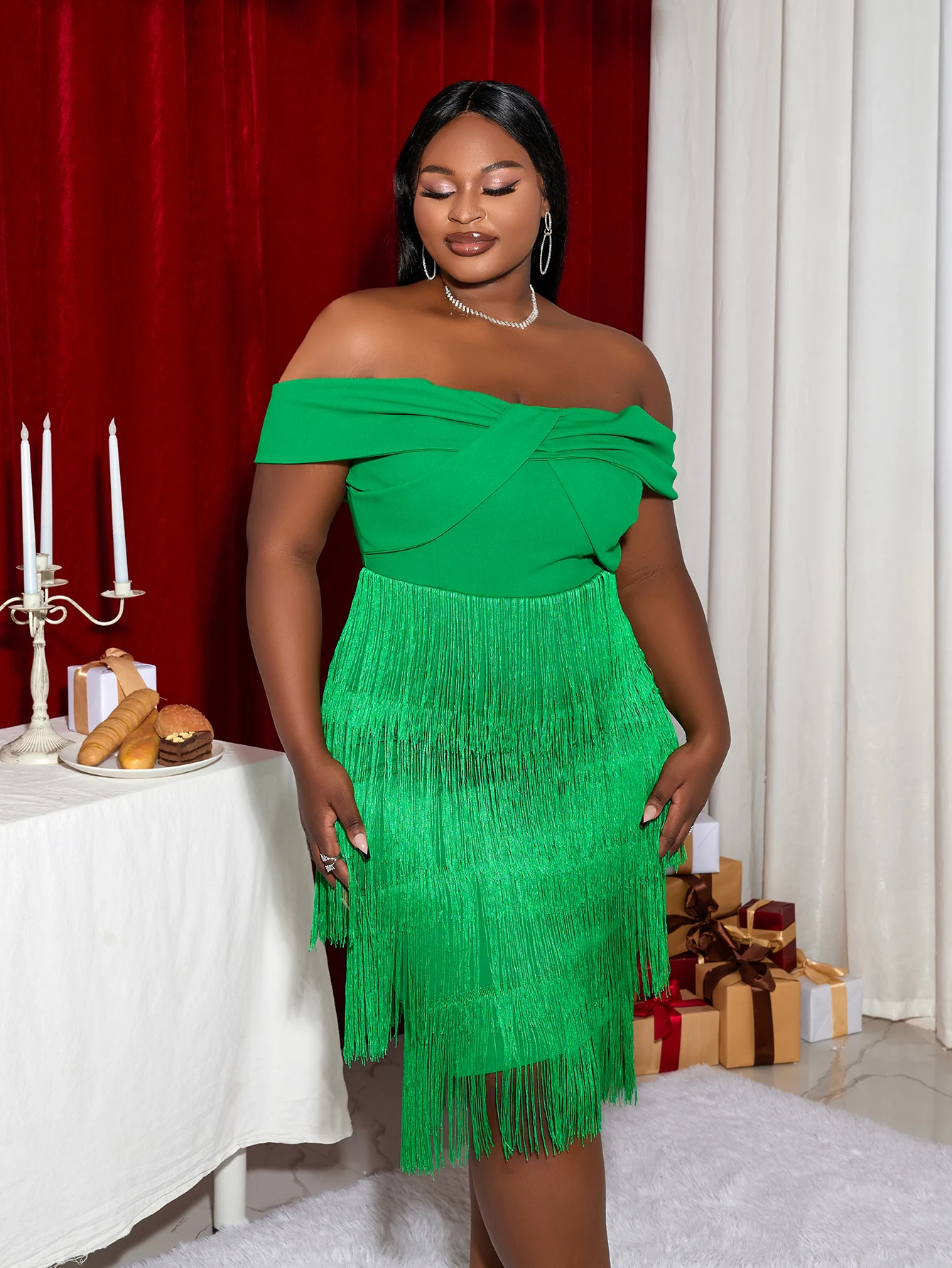 Bodycon Christmas Off Shoulder Fringe Backless Night Women Club Dress