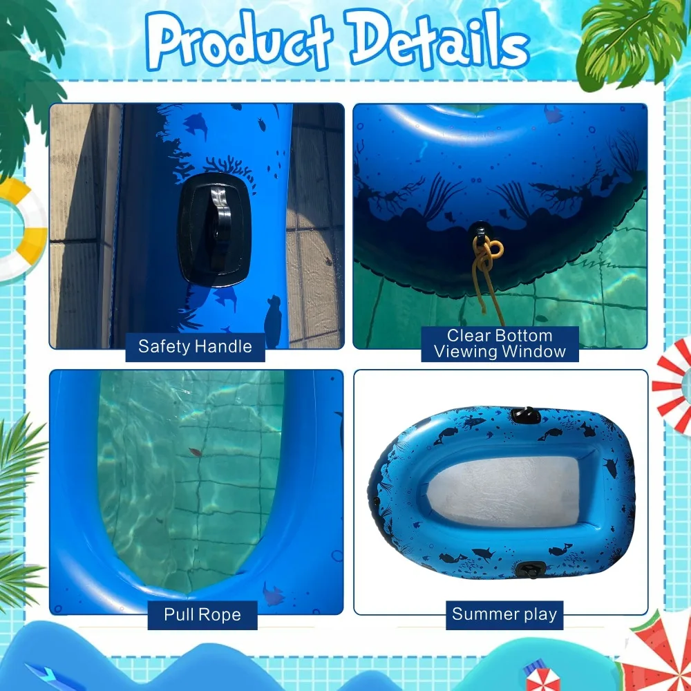 Transparent Bottom PVC Portable Inflatable Pool Float Boat with Large Underwater View for Boys Girls Kids and Adults Water Sport