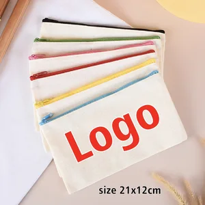 21x12cm White Color Canvas Pencil Case with Solid Zipper Custom Logo Print Travel Wash Bag Cosmetic Makeup Coin Key Storage Bag