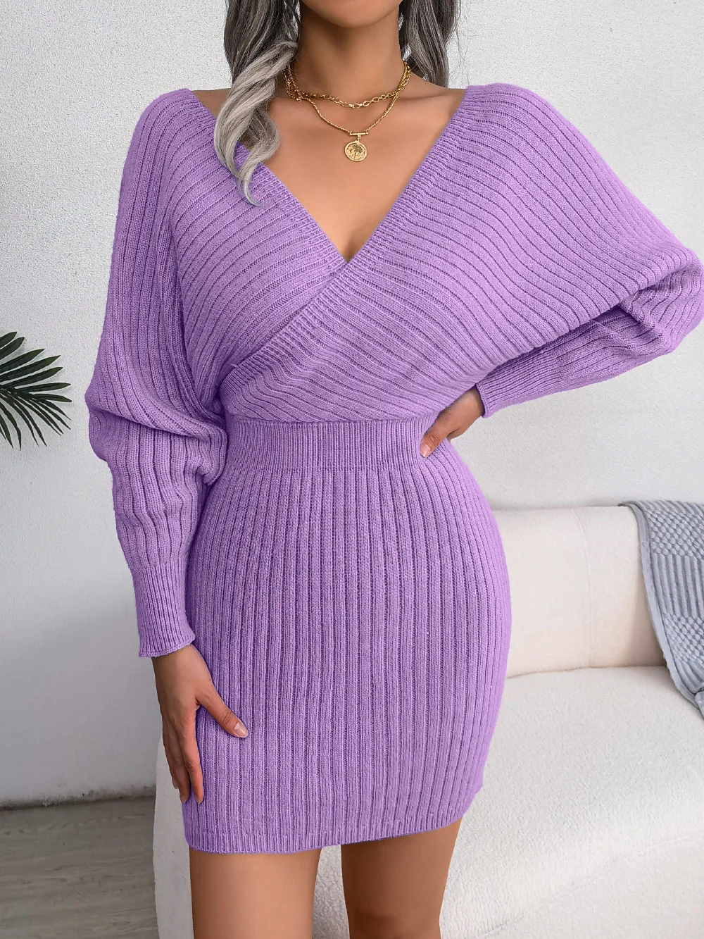 New Quality Wholesale Women Clothing Sweater Dress V-neck Knitted ...