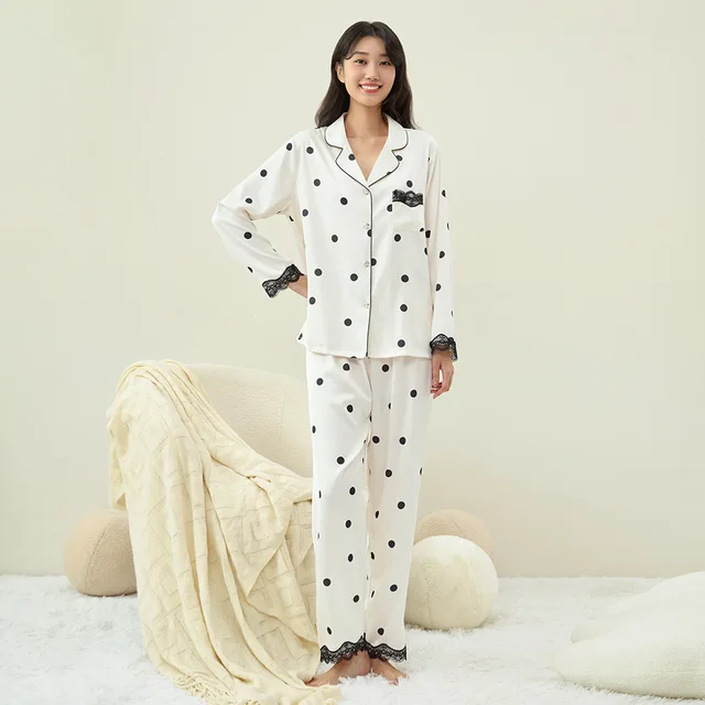 Luxury Winter Autumn Cute  Printed Polka Dots Lace Design Long Sleeve  pjs pyjama bridal party pajama pijamas set for women