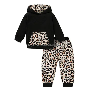 Hot Sale Leopard Pattern Hoodie And Jogger Sport Wear Girls Boutique Kids Clothing Sets Outfit For Winter