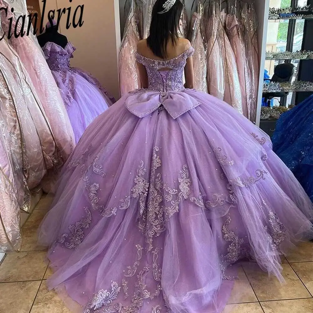 Lilac Quinceanera Dresses Ball Gown Sweet 15 16 Dress With Bow Beaded Lace Applique Graduation Party Gowns