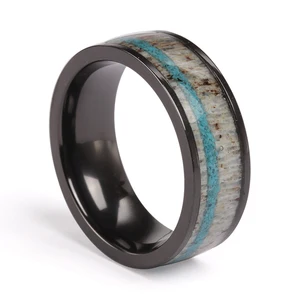 Tizti Men's Trendy Turquoise Nature Deer Antler Inlay Black Tungsten Carbide Eternity Style Men Wedding Band