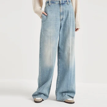 OEM/ODM Women's Loose Fit Gradient Color Denim Pants Low Waist Wide Leg Comfortable Casual Style Breathable Pure Cotton Summer