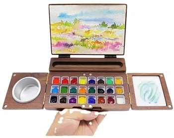 Travel 24 Colors Watercolor Palette Walnut Wood Paint Palette Mini Paint Tray Box For Artists Portable Watercolor Palette