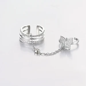 Muxcor Silver Plated Copper Alloy Jewelry Rings Minimalist Style butterfly Chain Ring Two Rings Connected by a Chain
